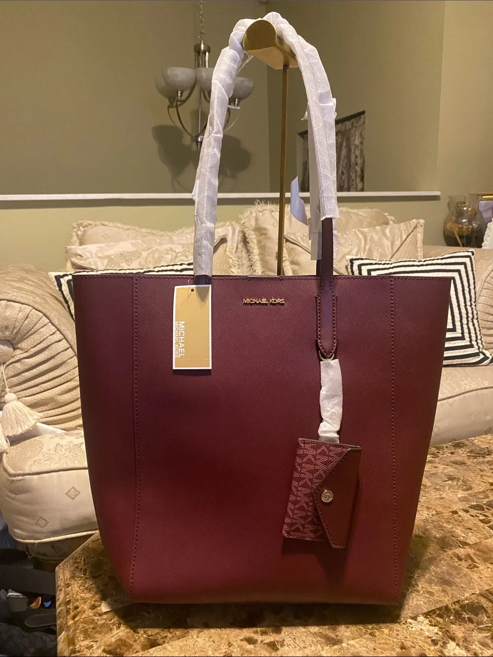 Michael Kors Burgundy Saffiano Leather Tote with Logo Tag - Picture 2 of 5